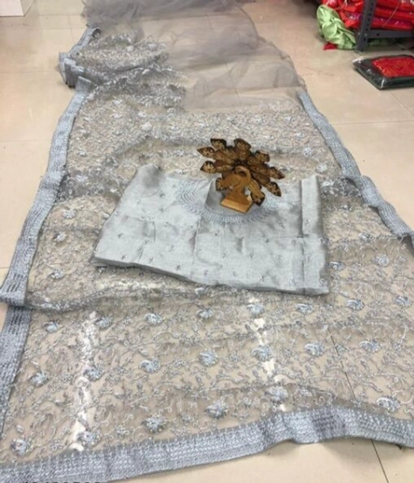 CHARVI DRISHYA Net Grey Color Sarees With Banarsi Silk Running Blouse - Free Size, Grey, Net, Pack of1